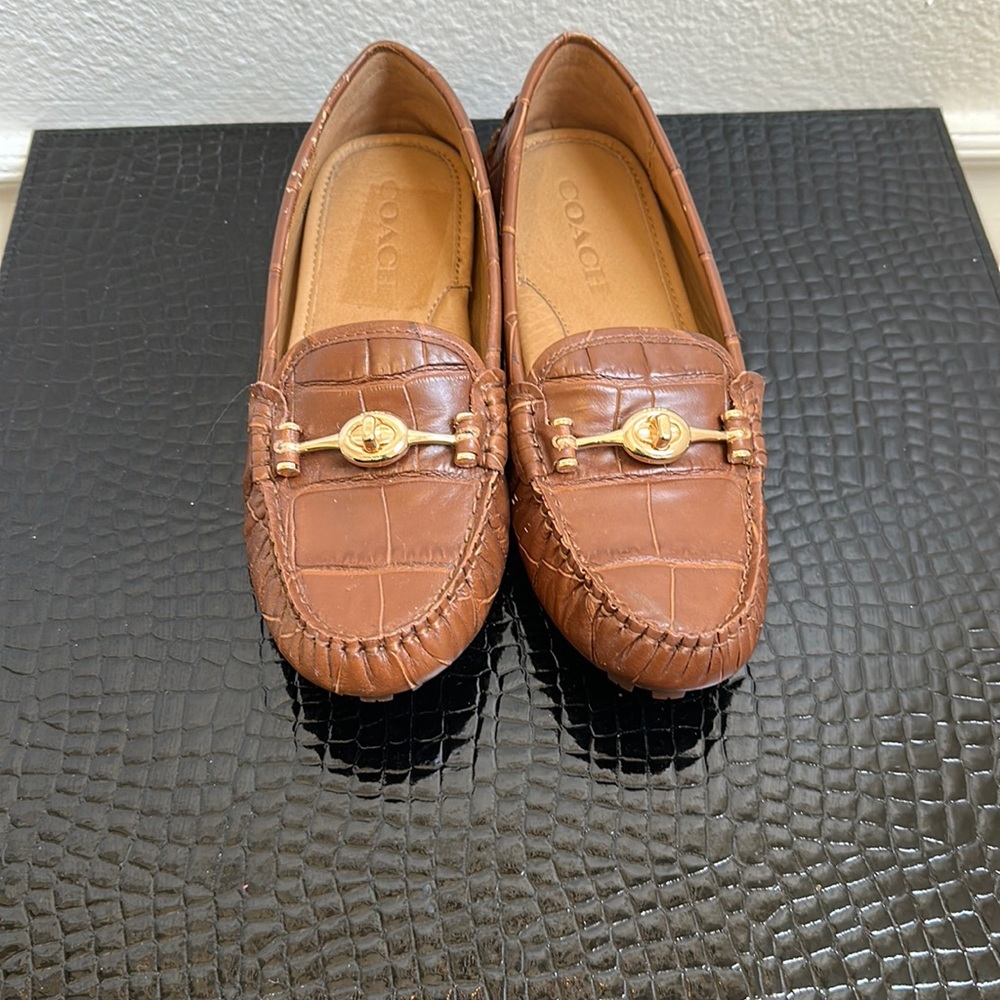Brown crocodile Coach mules.